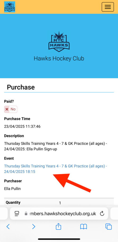 Purchase page to event